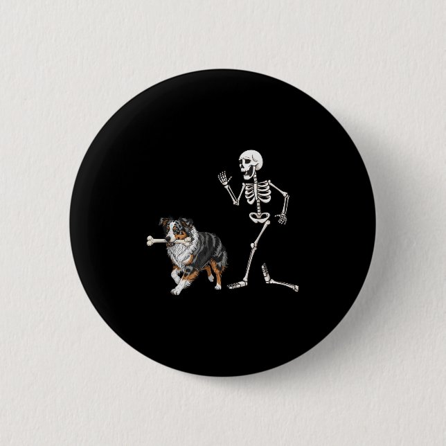 Badge Rond 5 Cm Drôle Halloween Berger Australien Et Squelette (Devant)