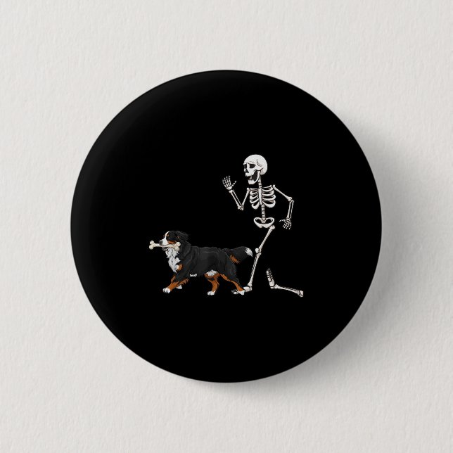 Badge Rond 5 Cm Drôle Halloween Bernese Mountain Dog Et Skeleton (Devant)