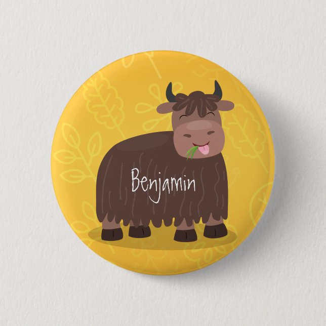 Badge Rond 5 Cm Drôle joyeux yak mangeant de l'herbe dessin d'illu (Devant)