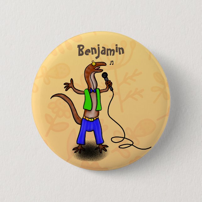 Badge Rond 5 Cm Drôle lézard chantant avec bande dessinée de micro (Devant)