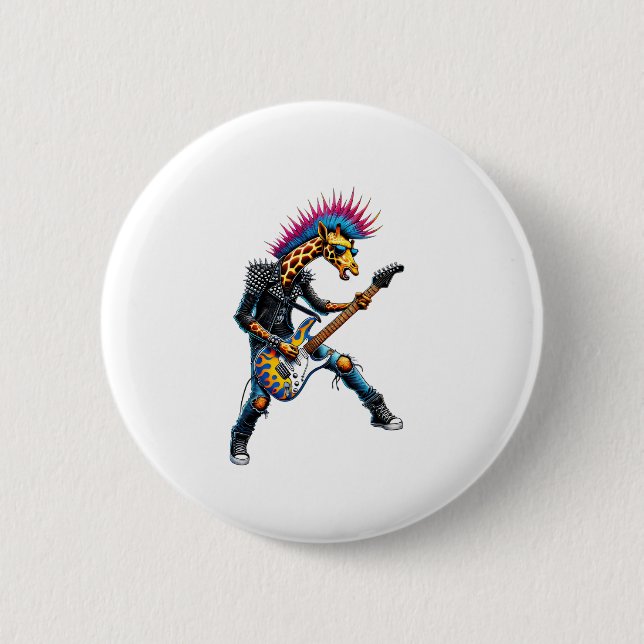 Badge Rond 5 Cm Drôle Punk Giraffe, Rock'n Roll Goth Giraffe, Guit (Devant)