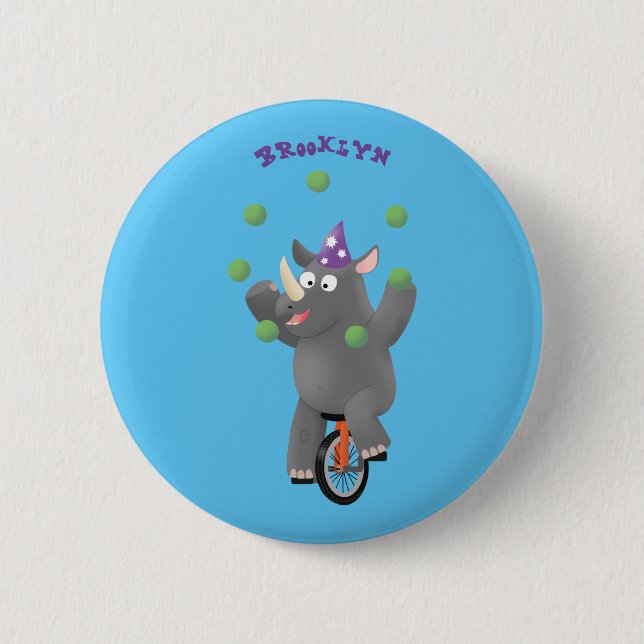 Badge Rond 5 Cm Drôle rhinocéros mignon jonglant sur monocycle (Devant)