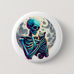 Badge Rond 5 Cm Drôle Squelette jouant avec un mignon Hallo crâne