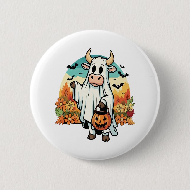 Badge Rond 5 Cm Drôle vache fantôme d'Halloween (Devant)