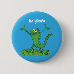 Badge Rond 5 Cm Drôle vert souriant animé lézard d'iguane