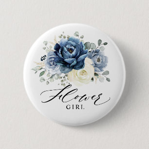 Badge Rond 5 Cm Dusty Blue Navy Champagne Ivory Flower