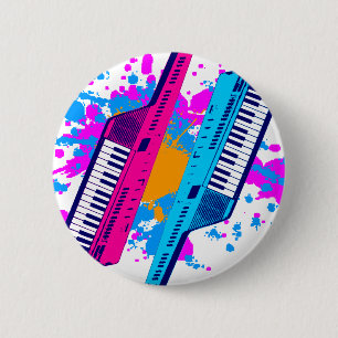 Badge Rond 5 Cm Éclaboussure au néon de Keytar des années 80 de