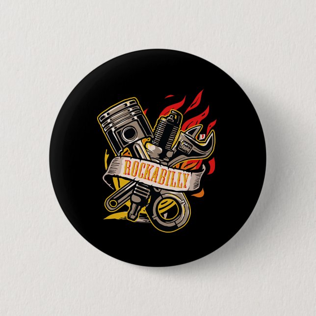 Badge Rond 5 Cm Écran À Piston Du Moteur Rockabilly Sur Mécanique  (Devant)