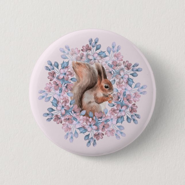Badge Rond 5 Cm Écureuil et fleurs (Devant)