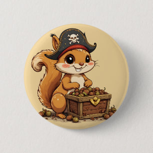Badge Rond 5 Cm Écureuil Pirate avec Trésor de Glands Drôle et Mig