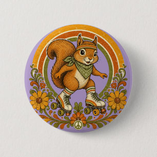Badge Rond 5 Cm Écureuil Rétro au Patin à Roulettes des Années 70