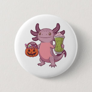Badge Rond 5 Cm Éffrayant Axolotl Holding Matcha et traiter Hallow