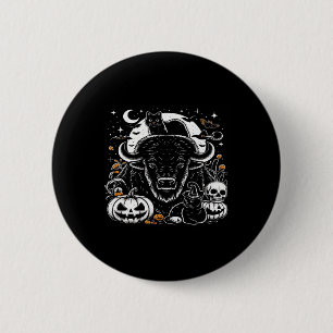 Badge Rond 5 Cm Éffrayant Halloween Bison Citrouille Buffalo Chat