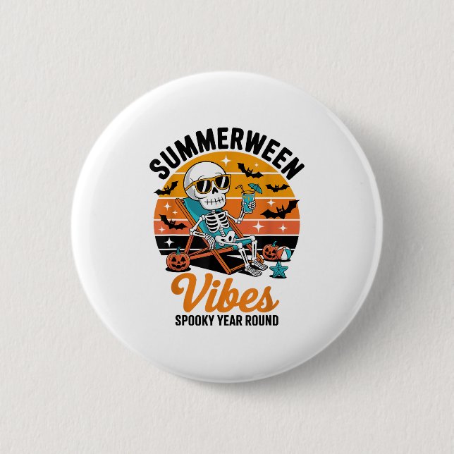 Badge Rond 5 Cm Éffrayant Summer Beach Skeleton Funny Halloween Su (Devant)