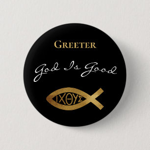 Badge Rond 5 Cm Église chrétienne plus verte Dieu est bon Noir m