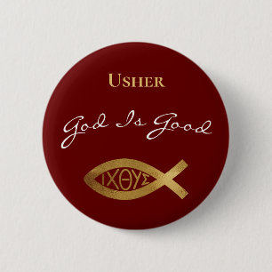 Badge Rond 5 Cm Église chrétienne Usher Dieu est bon Rouge moder