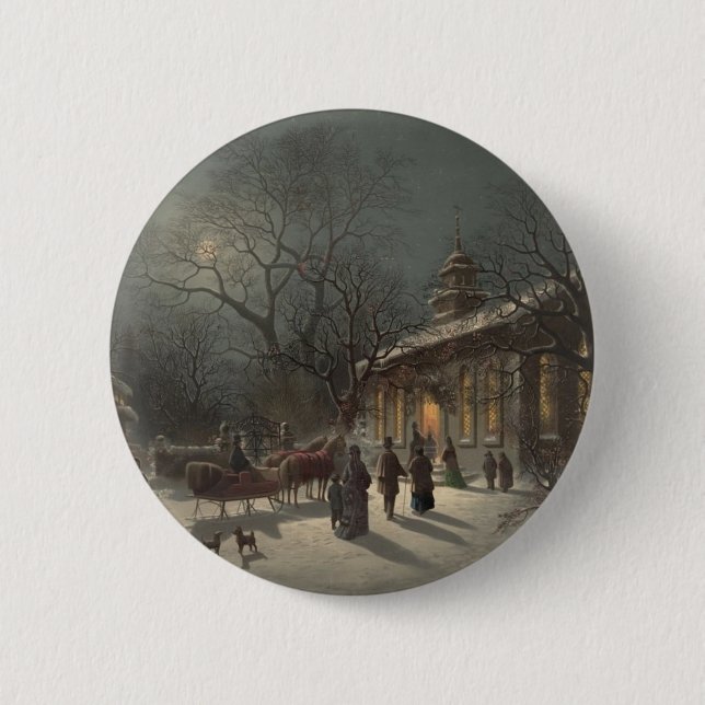 Badge Rond 5 Cm Église le soir de Noël (Devant)