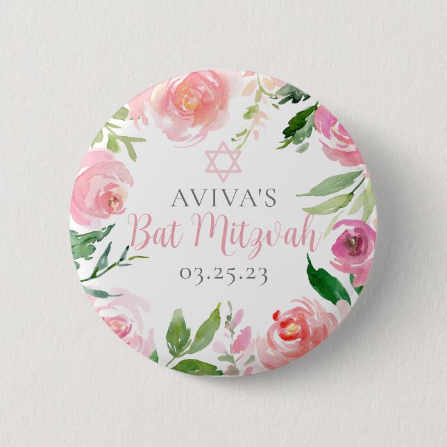 Badge Rond 5 Cm Elegant Bat Mitzvah Party Personalized Pink Floral (Devant)