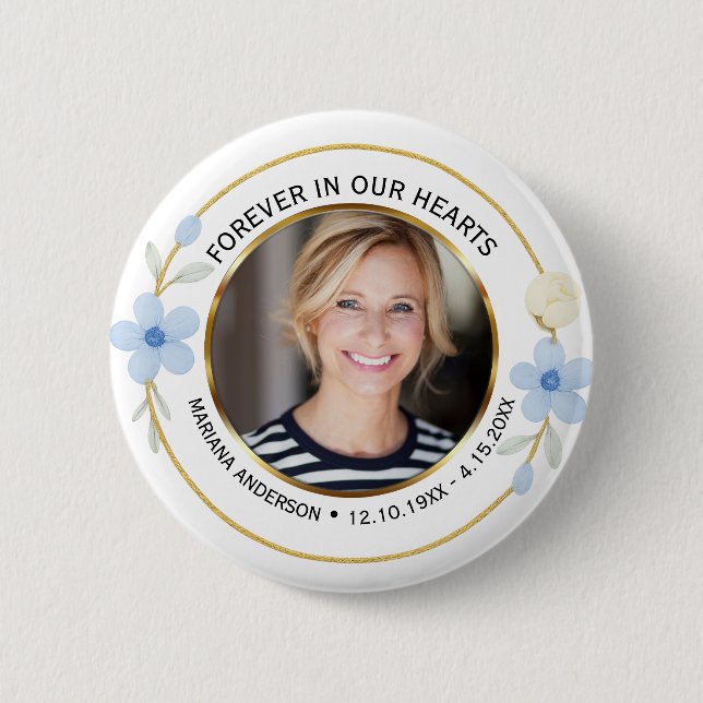 Badge Rond 5 Cm Elegant Blue & Gold Floral Memorial Photo (Devant)