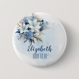 Badge Rond 5 Cm Elégant Blue Winter Floral Douche Tante à être