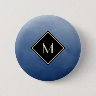 Badge Rond 5 Cm Elegant Brushed Blue With Simple Gold Monogram