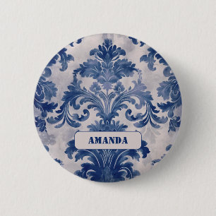 Badge Rond 5 Cm Élégant damassé Bleu toile de jouy monogramme