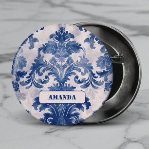 Badge Rond 5 Cm Élégant damassé Bleu toile de jouy monogramme