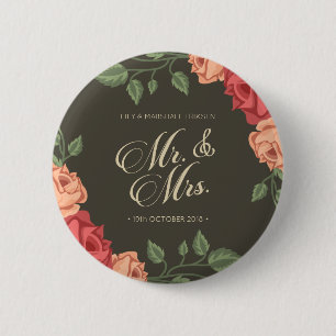 Badge Rond 5 Cm Élégant floral mariage M & Mme Épinglette