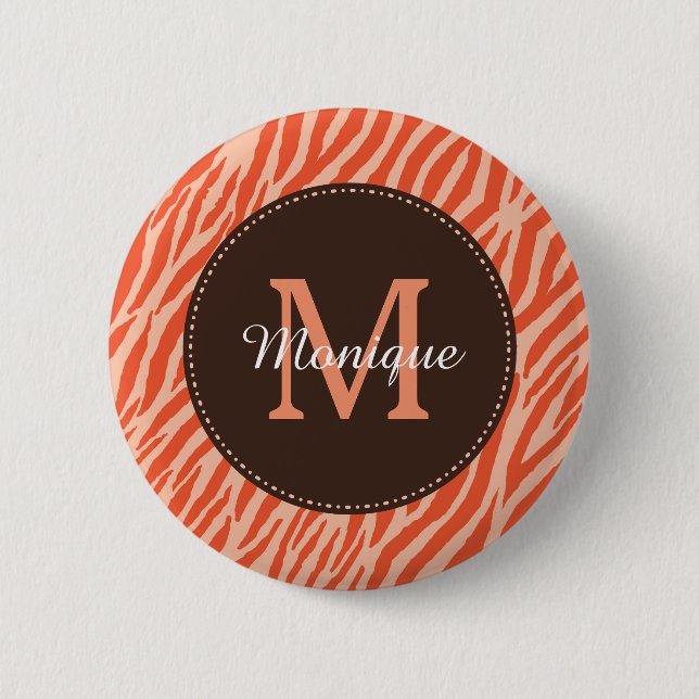 Badge Rond 5 Cm Élégant foncé orange zèbre Imprimer Monogramme et  (Devant)