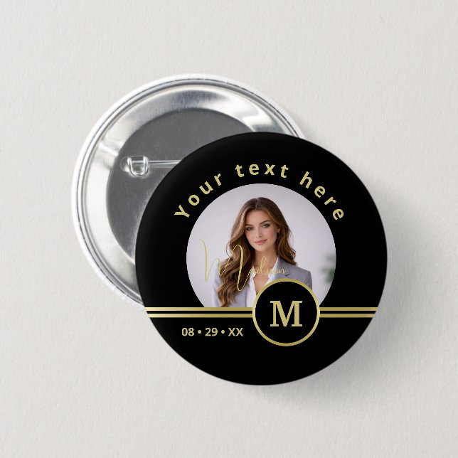 Badge Rond 5 Cm Elegant Gold Signature Monogram with Photo (Devant & derrière)