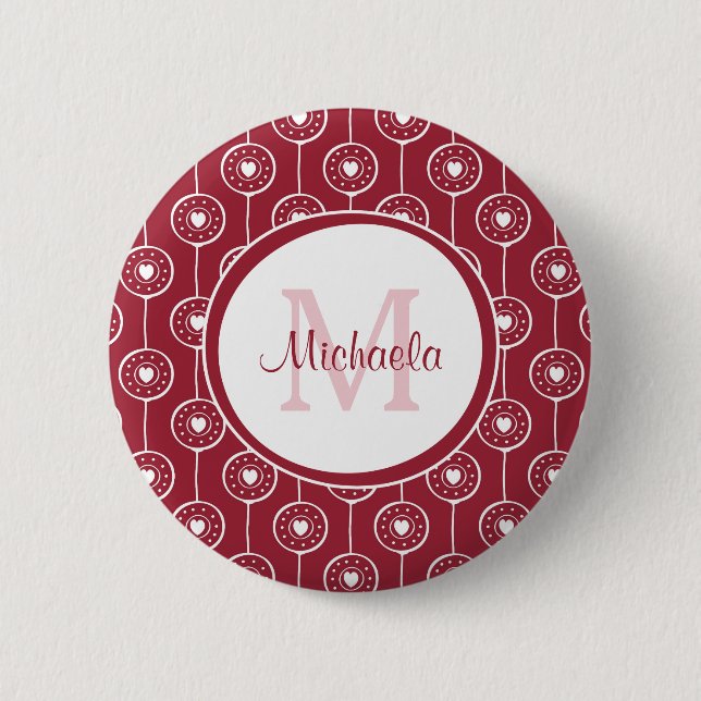 Badge Rond 5 Cm Élégant Monogramme de Coeurs Rouge et Blanc avec n (Devant)