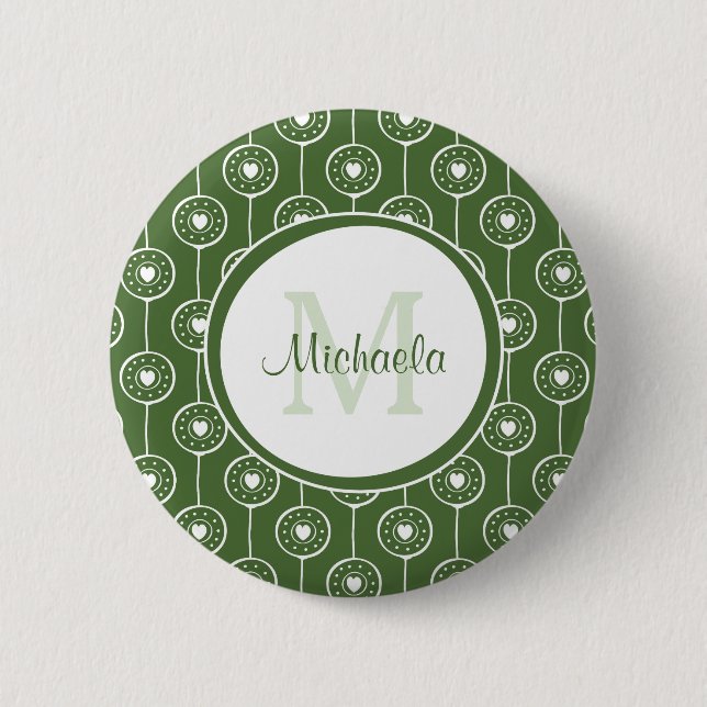 Badge Rond 5 Cm Élégant Monogramme de Coeurs Vert et Blanc avec no (Devant)