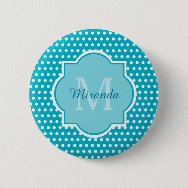 Badge Rond 5 Cm Élégant Monogramme Pois Turquoise Avec Nom (Devant)