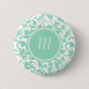 Badge Rond 5 Cm Élégant Monogramme vert et blanc damassé