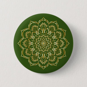 Badge Rond 5 Cm Élégant Motif de Mandala vert et or Floral