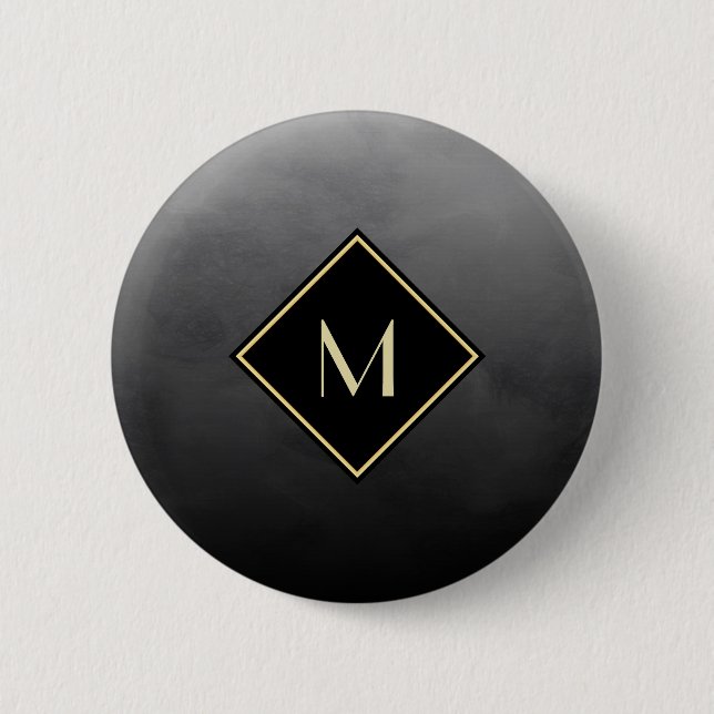 Badge Rond 5 Cm Élégant Noir Brossé Avec Monogramme Or Simple (Devant)