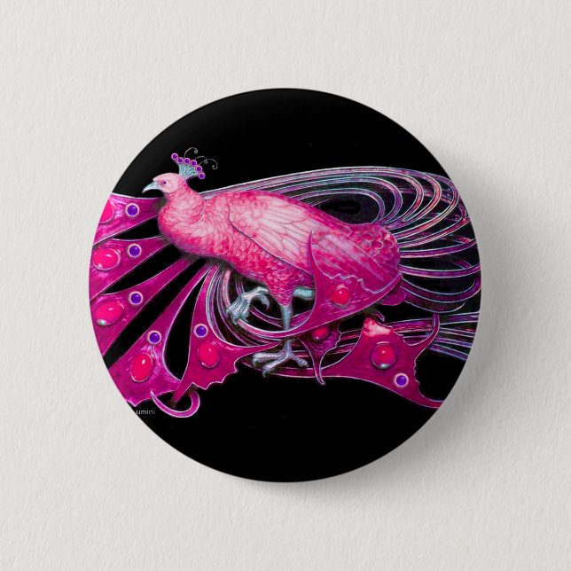 BADGE ROND 5 CM ELÉGANT PEACOCK EN ROSE, FUCHSIA, NOIR (Devant)