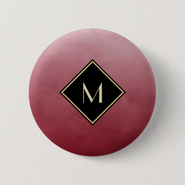 Badge Rond 5 Cm Élégant Rouge Brossé Avec Monogramme Or Simple (Devant)