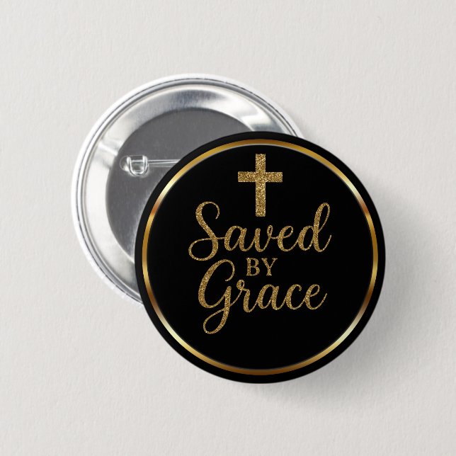 Badge Rond 5 Cm Elegant Saved By Grace Black & Gold Christian (Devant & derrière)