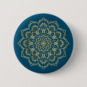 Badge Rond 5 Cm Elégant Turquoise bleu et or Floral Mandala Motif