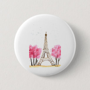 Badge Rond 5 Cm Elégante aquarelle rose fleurs Eiffel tour Paris