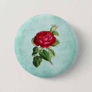 Badge Rond 5 Cm Élégante Rose rouge sur Vintage Mint Green Arrière