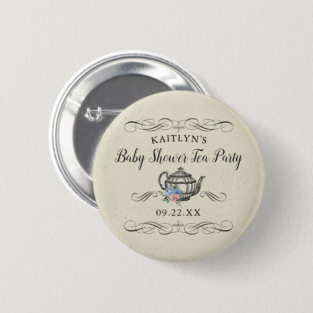 Badge Rond 5 Cm Elégante Tea Party Vintage | BABY SHOWER (Devant & derrière)