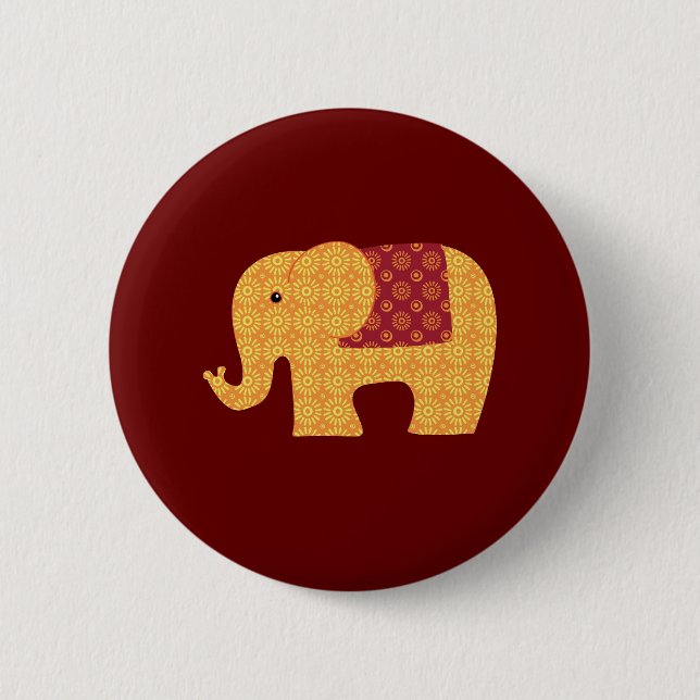 Badge Rond 5 Cm Eléphant à fleur orange mignon sur rouge (Devant)