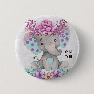 Badge Rond 5 Cm Eléphant d'aquarelle mignonne aux fleurs Turquoise