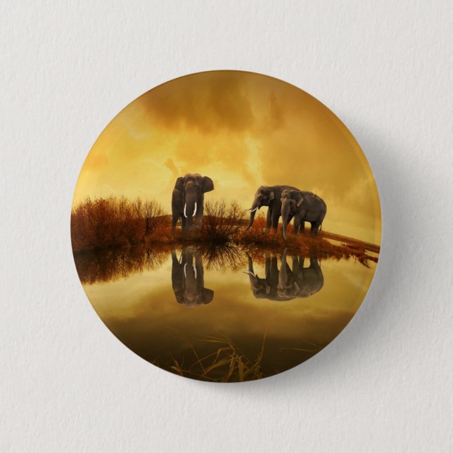 Badge Rond 5 Cm Eléphants asiatiques en Thaïlande sous un coucher  (Devant)