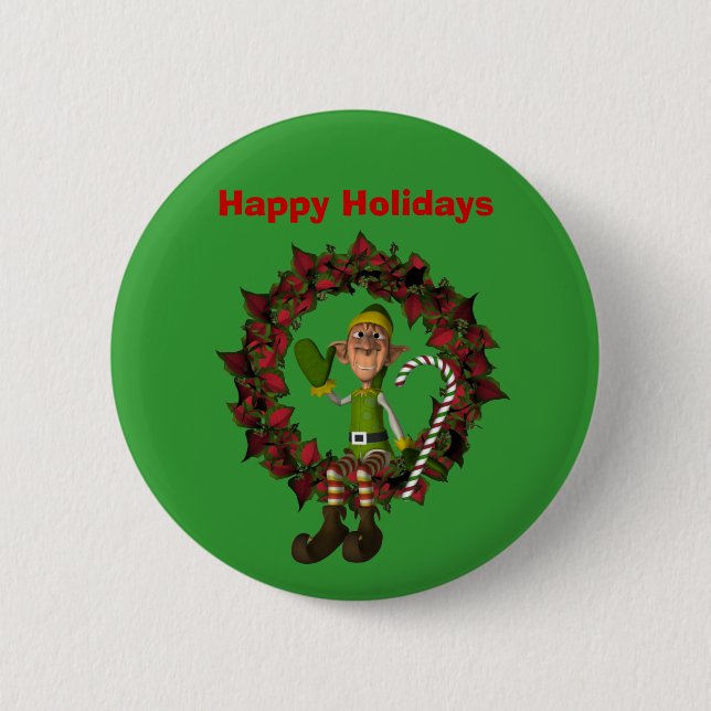 Badge Rond 5 Cm Elf On Wreath Christmas Holiday Button Pin (Devant)