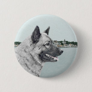 Badge Rond 5 Cm Elkhound norvégien à la peinture de village - Ch