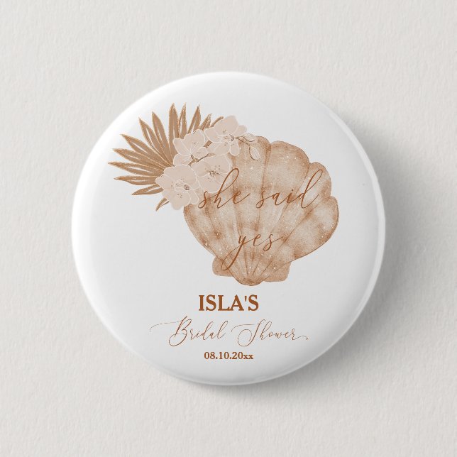 Badge Rond 5 Cm Elle A Dit Oui Boho Beach Seashell Fête des mariée (Devant)