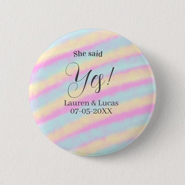 Badge Rond 5 Cm Elle a dit oui fiançailles fête rose bleu jaune st (Devant)